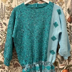 Hand Crocheted Teal Patterned Women's Sweater